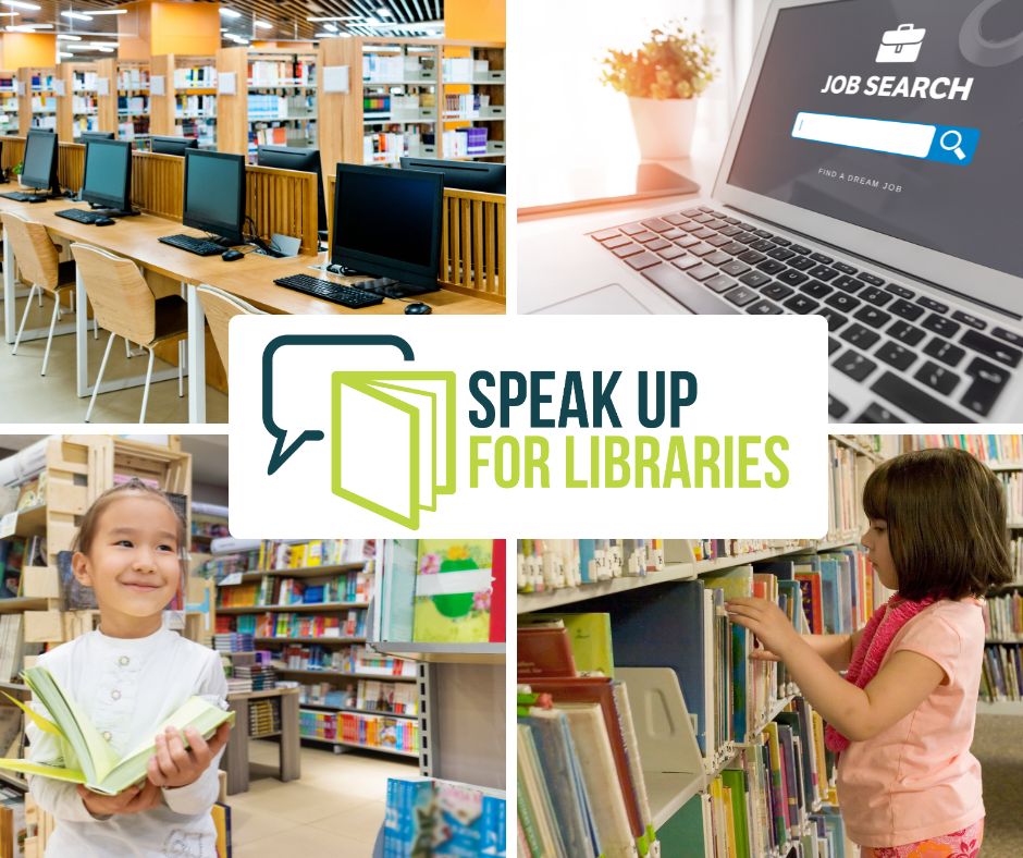 multiple pictures people at the library, technology, job seeker resources