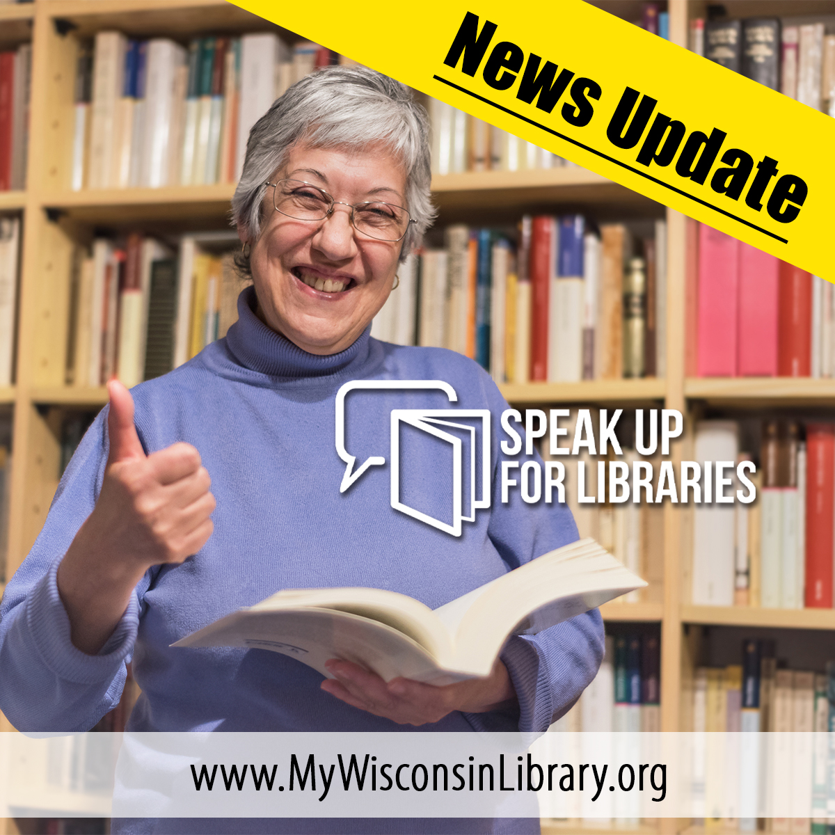 News update, woman with book gives thumbs-up